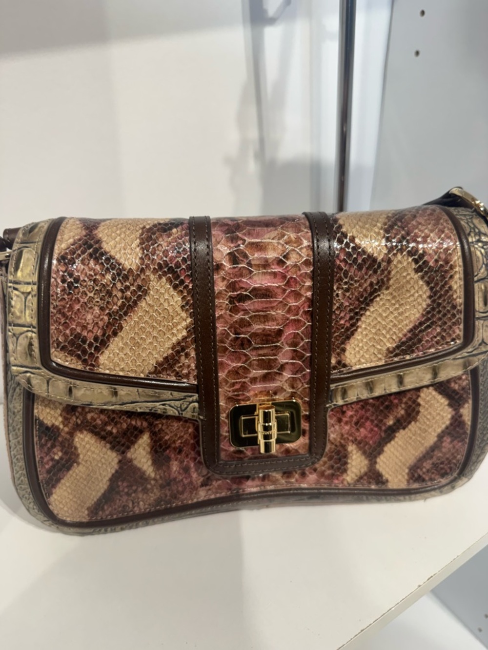 Brahmin Snake-Embossed Crossbody in Brown and Pink